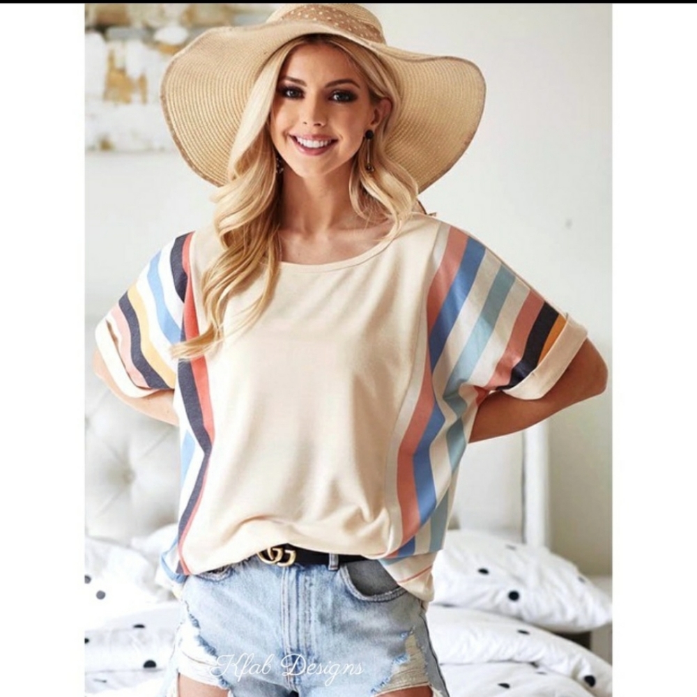 🔥Sale!!!!French Terry Super Soft Multi Stripe Block Banded Top